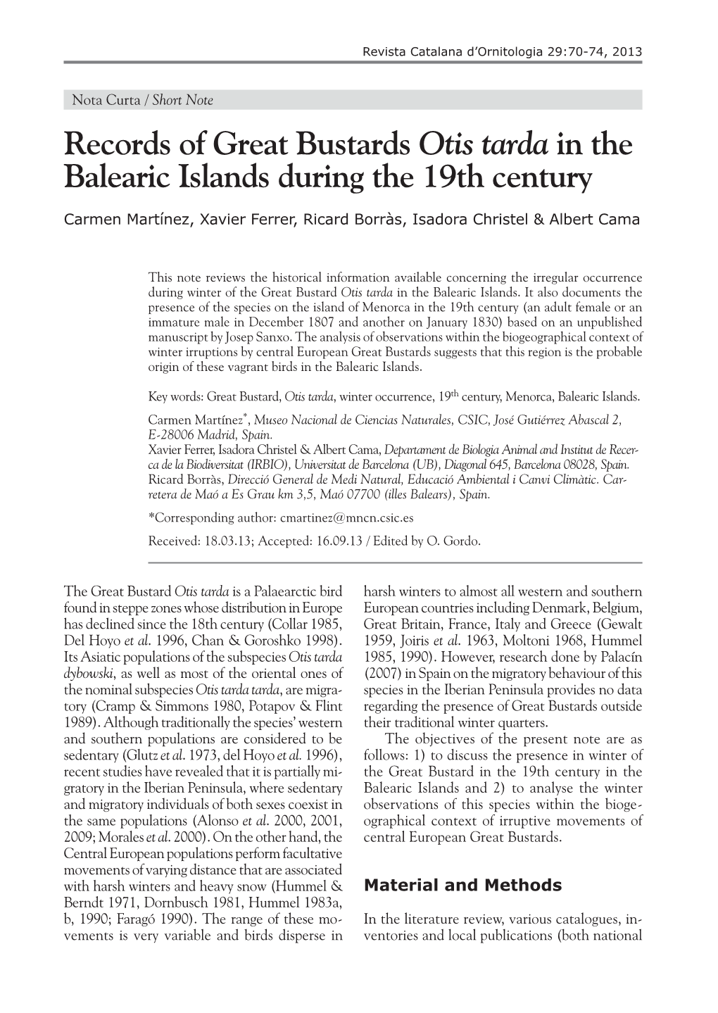 Records of Great Bustards Otis Tarda in the Balearic Islands During the 19Th Century