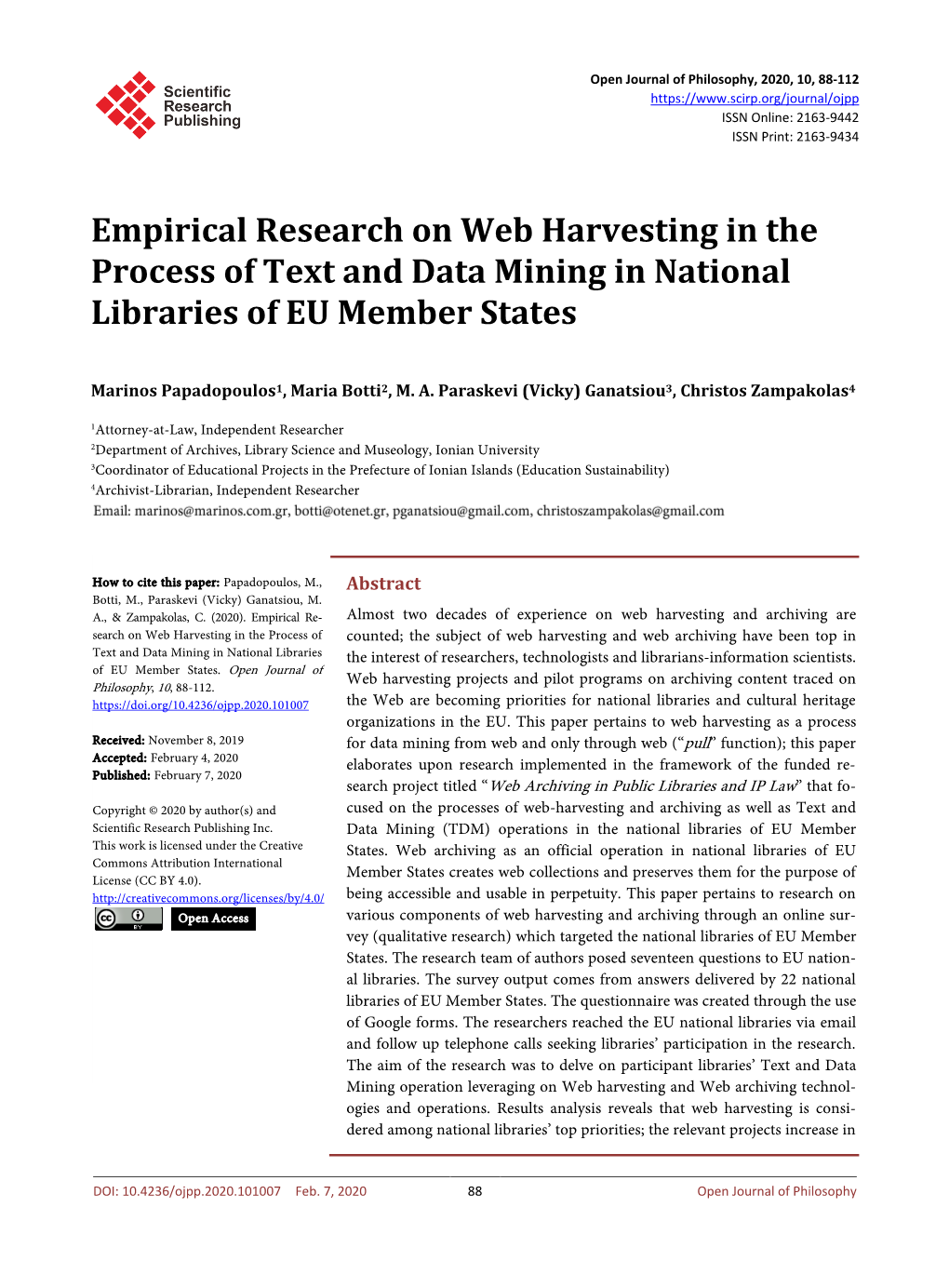 Empirical Research on Web Harvesting in the Process of Text and Data Mining in National Libraries of EU Member States