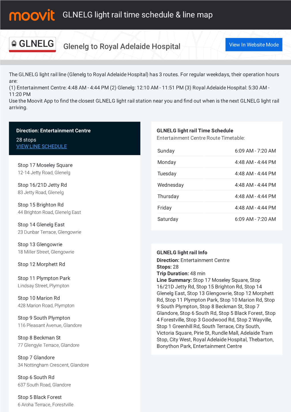 GLNELG Light Rail Time Schedule & Line Route