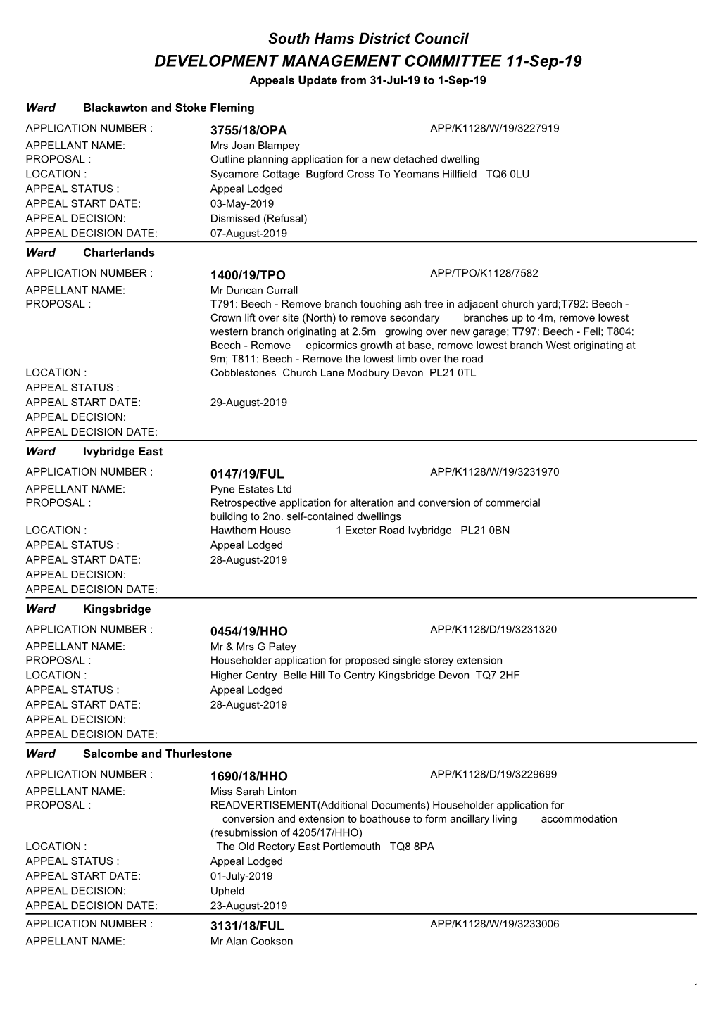 DEVELOPMENT MANAGEMENT COMMITTEE 11-Sep-19 Appeals Update from 31-Jul-19 to 1-Sep-19