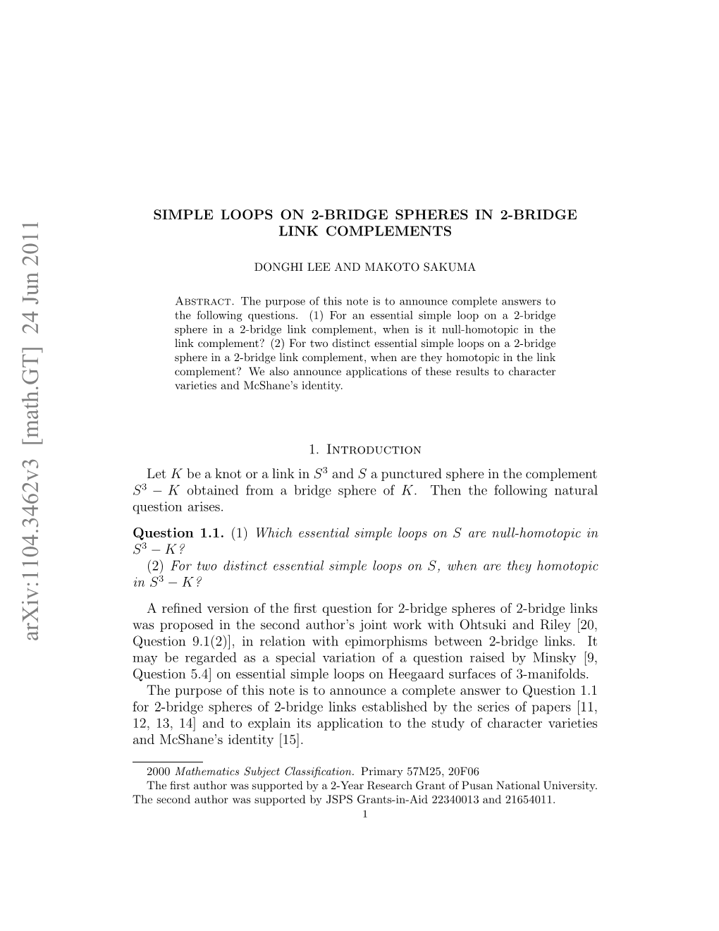 Simple Loops on 2-Bridge Spheres in 2-Bridge Link Complements (I), Arxiv:1010.2232