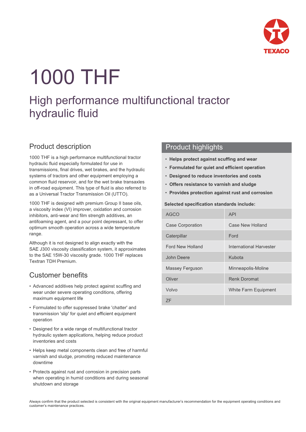 1000 THF High Performance Multifunctional Tractor Hydraulic Fluid