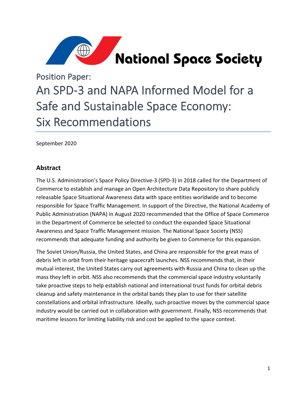 An SPD-3 and NAPA Informed Model for a Safe and Sustainable Space Economy: Six Recommendations