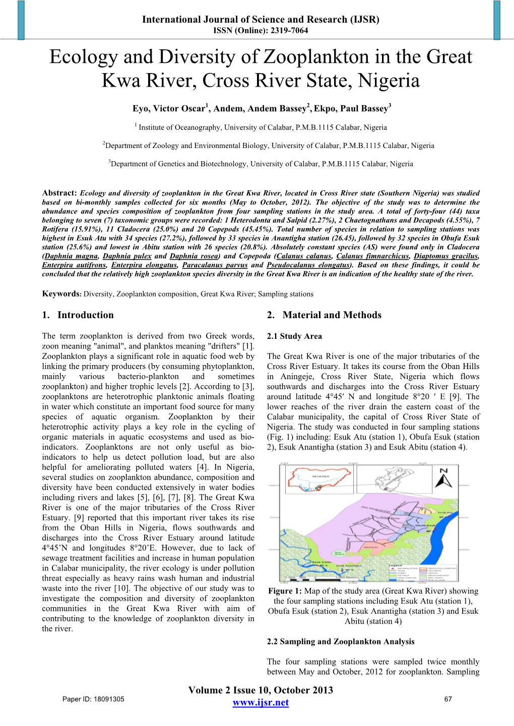 Ecology and Diversity of Zooplankton in the Great Kwa River, Cross River State, Nigeria