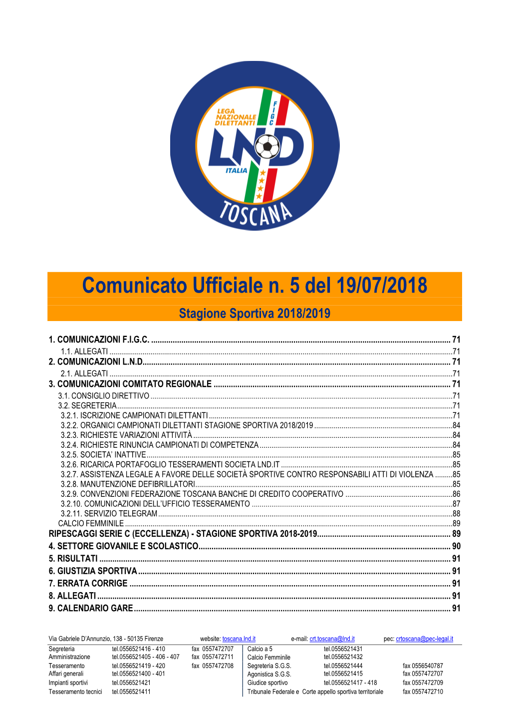 Comunicato Ufficiale N. 5 Del 19/07/2018