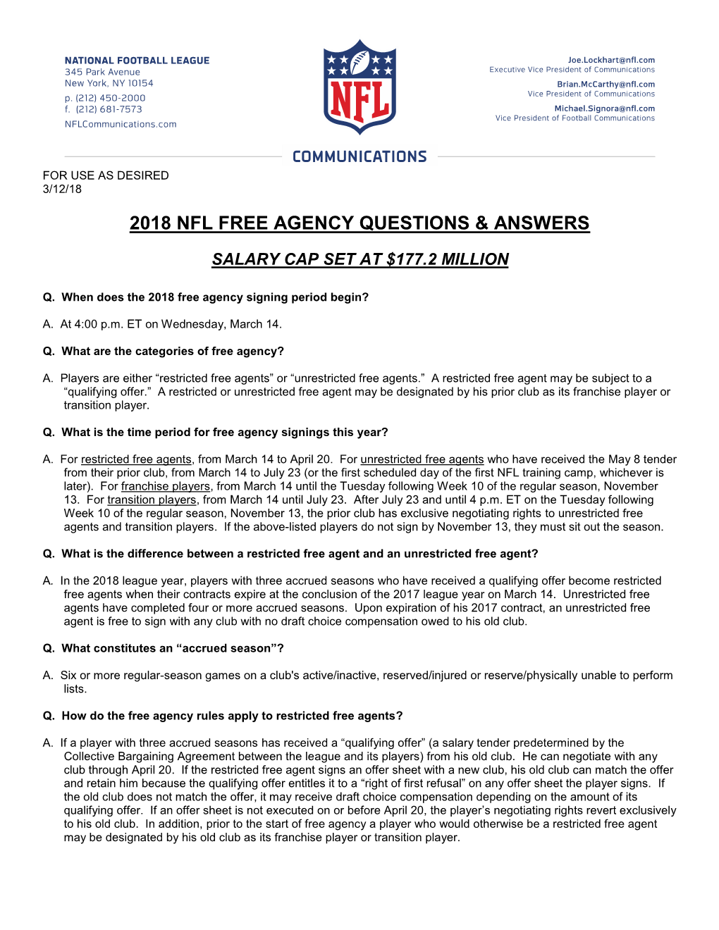 2018 Nfl Free Agency Questions & Answers