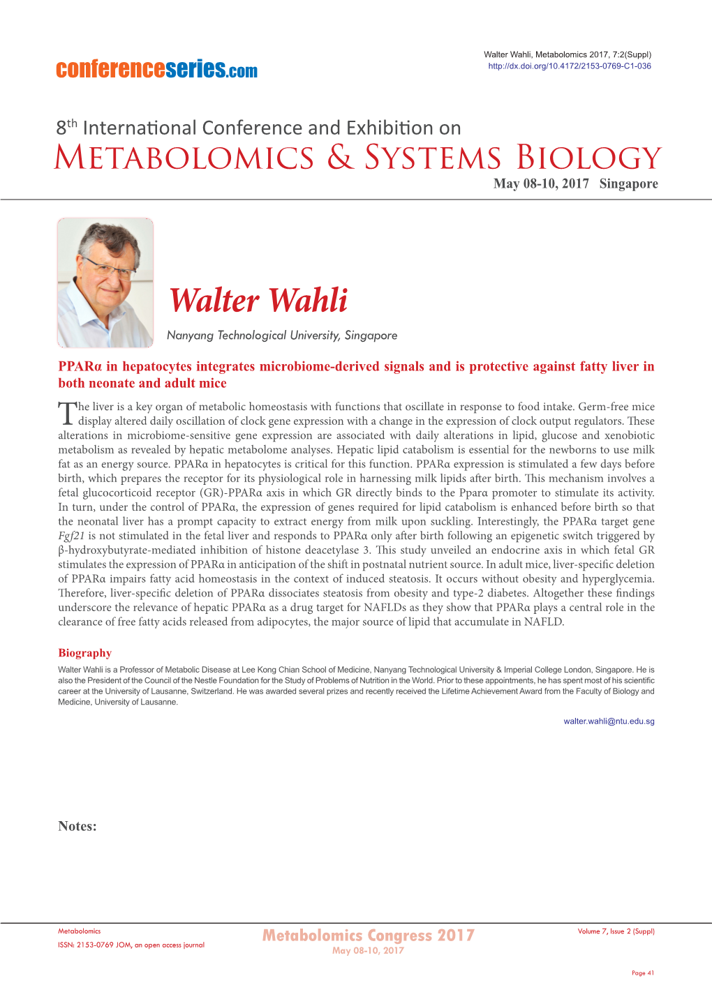 Walter Wahli, Metabolomics 2017, 7:2(Suppl) Conferenceseries.Com