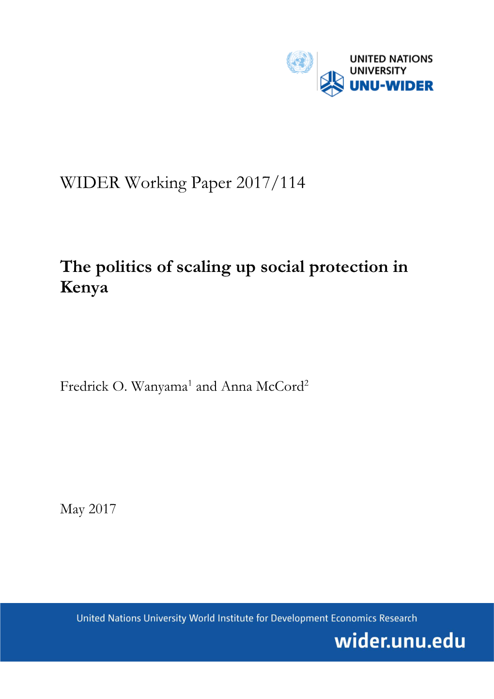 WIDER Working Paper 2017/114 the Politics of Scaling up Social