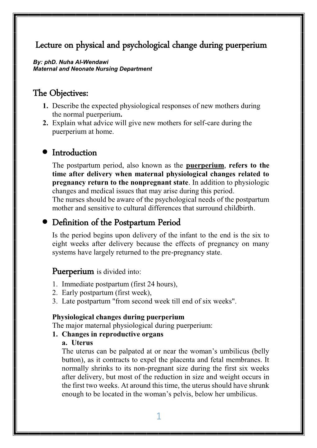 Physical and Psychological Change During Puerperium