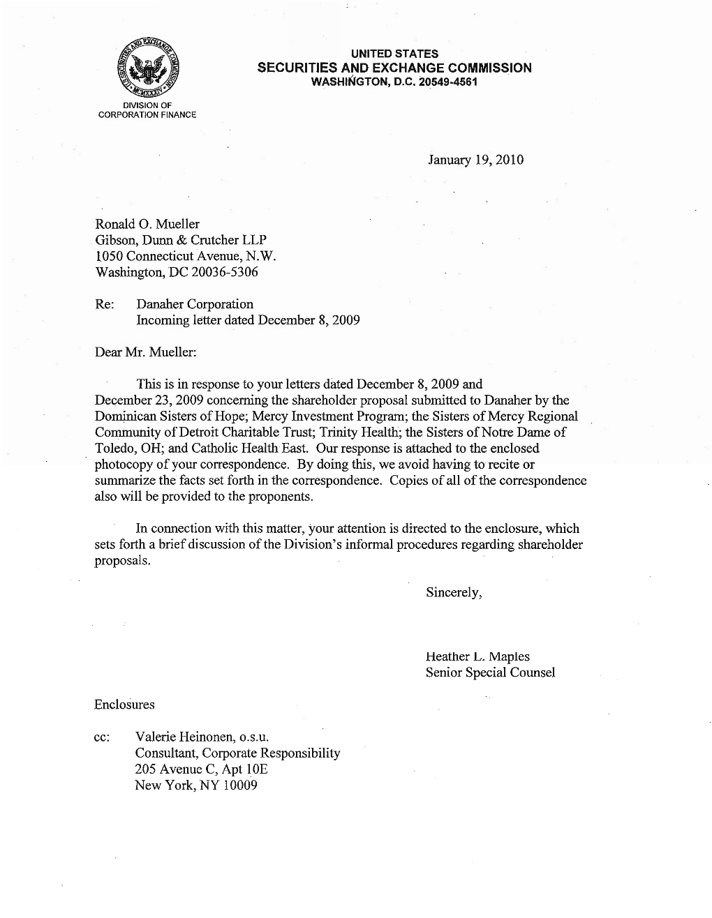 Danaher Corporation Incoming Letter Dated December 8, 2009