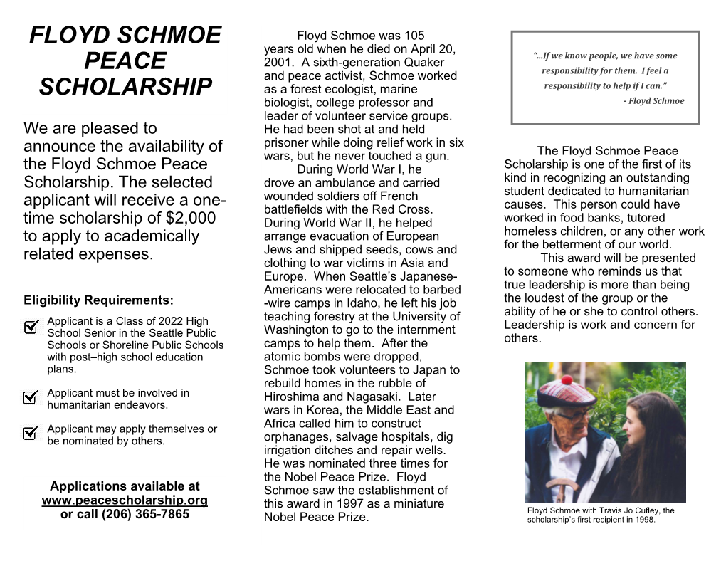 Floyd Schmoe Peace Scholarship 2021-2022