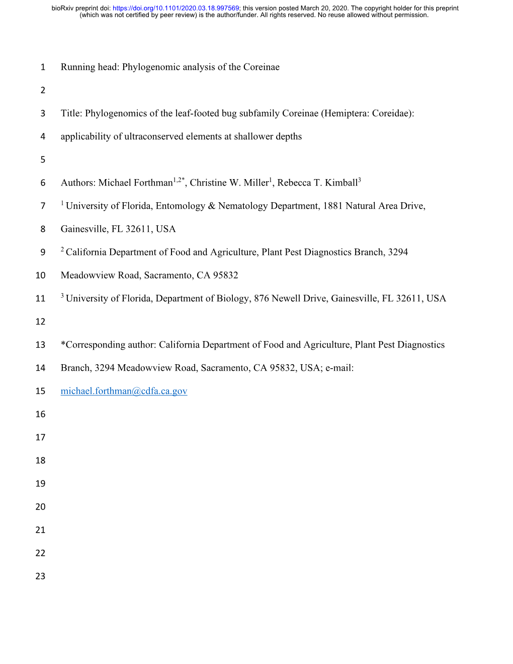 Phylogenomics of the Leaf-Footed Bug Subfamily Coreinae (Hemiptera: Coreidae)