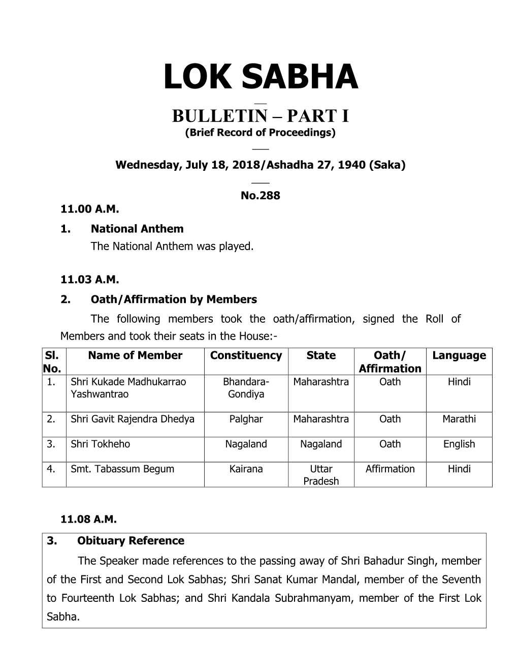 LOK SABHA ___ BULLETIN – PART I (Brief Record of Proceedings) ___