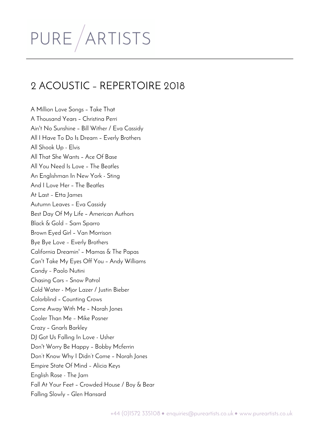 2 Acoustic – Repertoire 2018