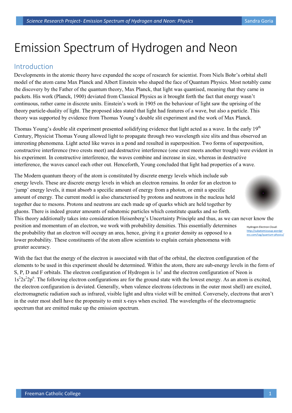 Science Research Project- Emission Spectrum of Hydrogen and Neon: Physics Sandra Goria