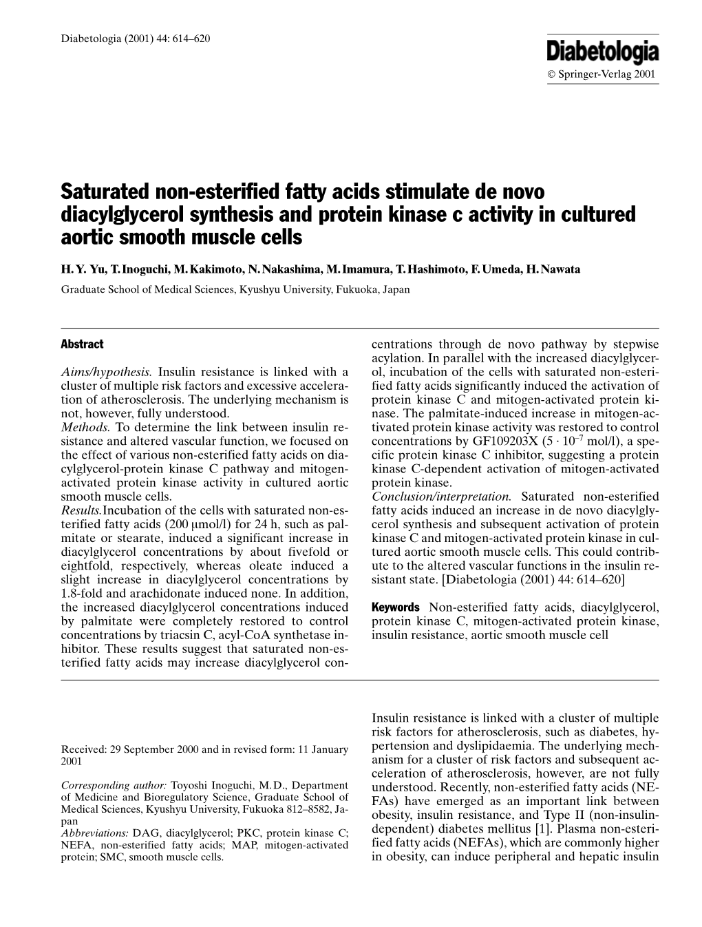 Saturated Non-Esterified Fatty Acids Stimulate De Novo Diacylglycerol Synthesis and Protein Kinase C Activity in Cultured Aortic Smooth Muscle Cells