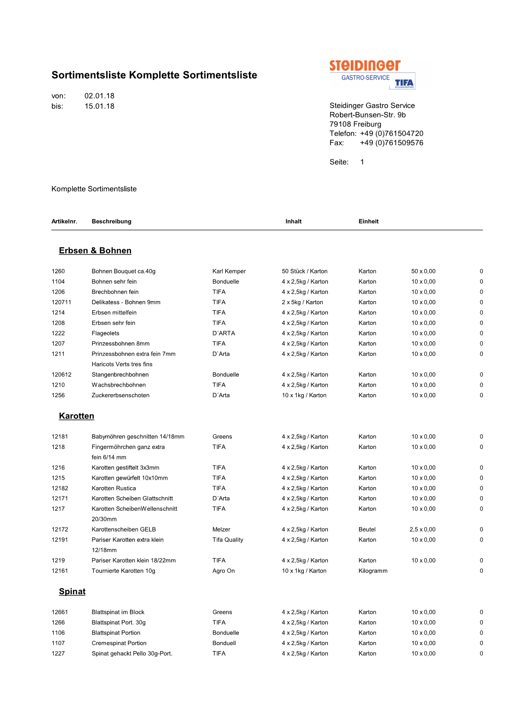 Sortimentsliste Komplette Sortimentsliste Von: 02.01.18 Bis: 15.01.18 Steidinger Gastro Service Robert-Bunsen-Str