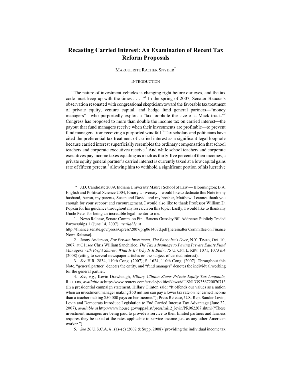 Recasting Carried Interest: an Examination of Recent Tax Reform Proposals