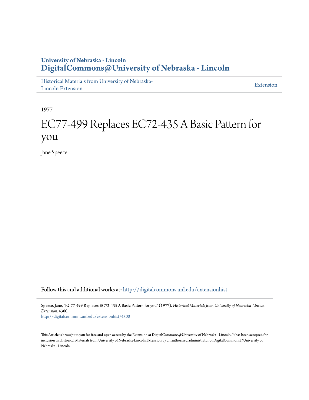 EC77-499 Replaces EC72-435 a Basic Pattern for You Jane Speece