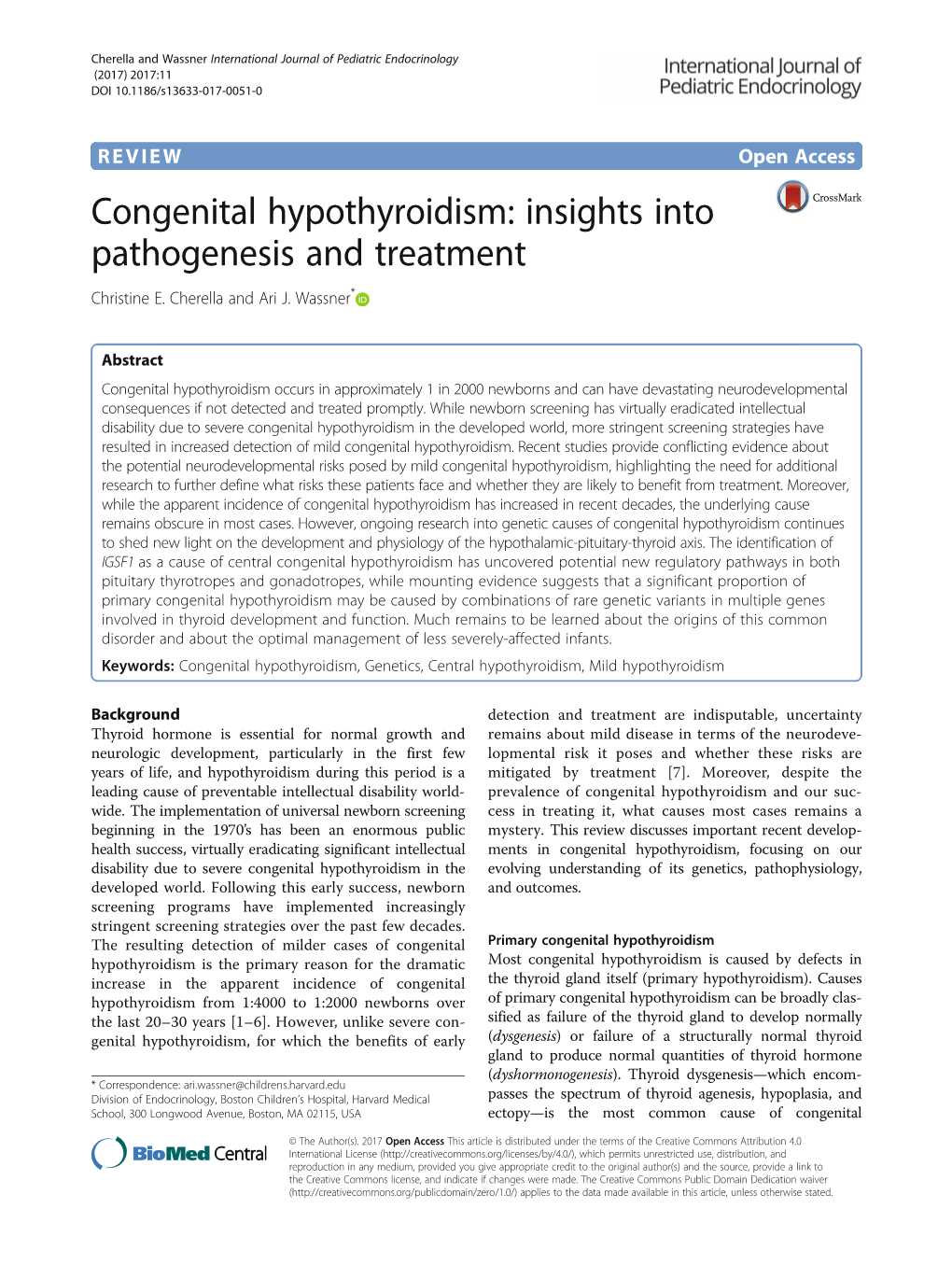 Congenital Hypothyroidism: Insights Into Pathogenesis and Treatment Christine E