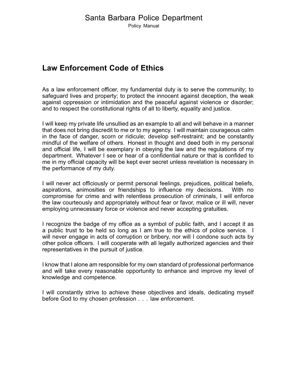 Santa Barbara Police Department Law Enforcement Code of Ethics