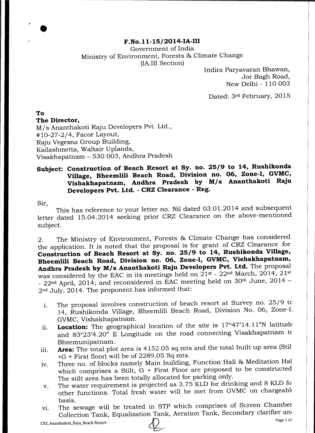F.No.II-15/2014-IA-III Government of India Ministry Ofenvironment, Forests & Climate Change (IA.Iiisection) Indira Paryavara