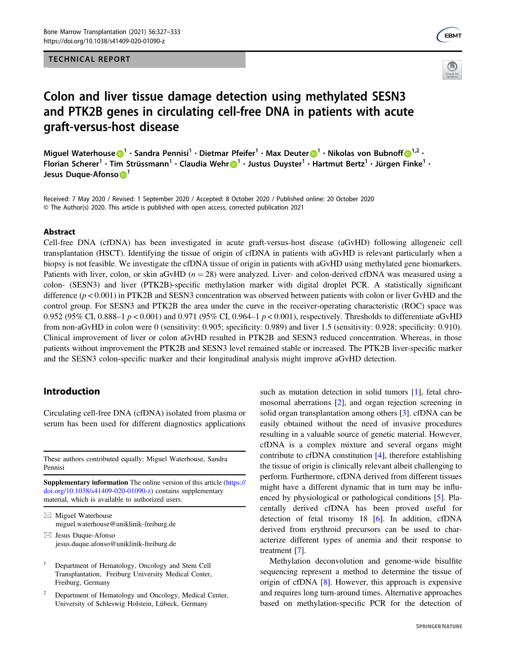 Colon and Liver Tissue Damage Detection Using Methylated SESN3 and PTK2B Genes in Circulating Cell-Free DNA in Patients with Acute Graft-Versus-Host Disease