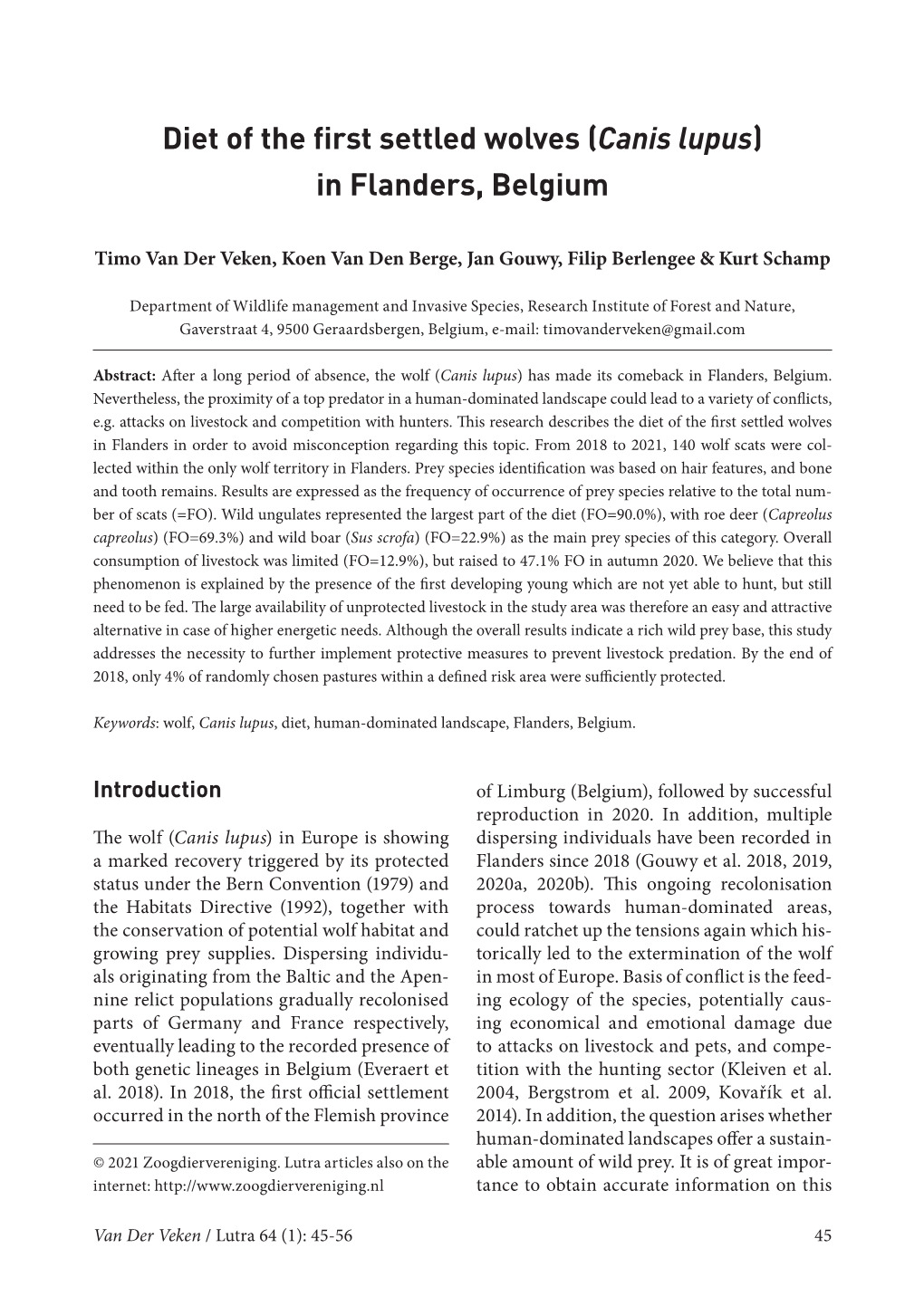 Diet of the First Settled Wolves (Canis Lupus) in Flanders, Belgium