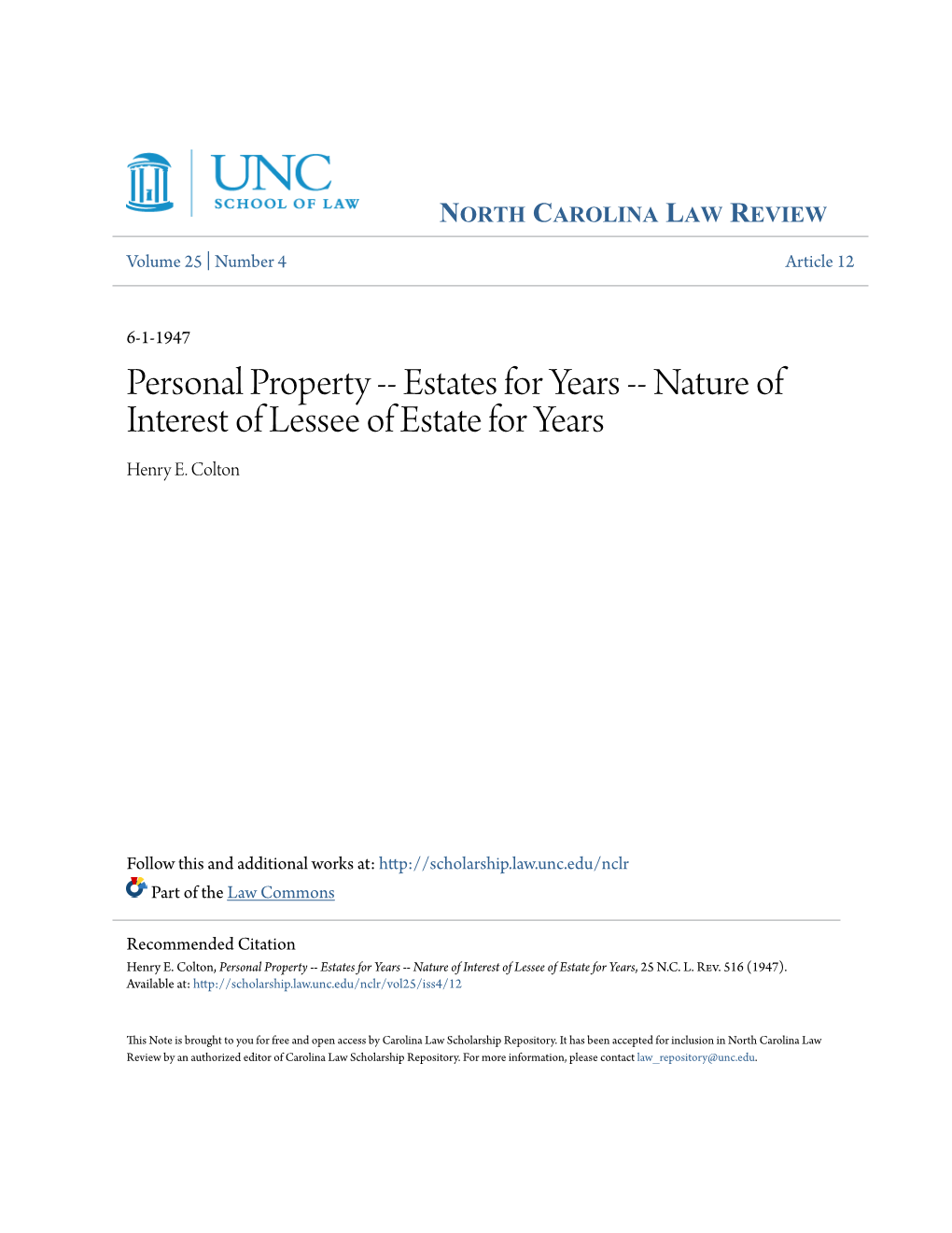 Personal Property -- Estates for Years -- Nature of Interest of Lessee of Estate for Years Henry E