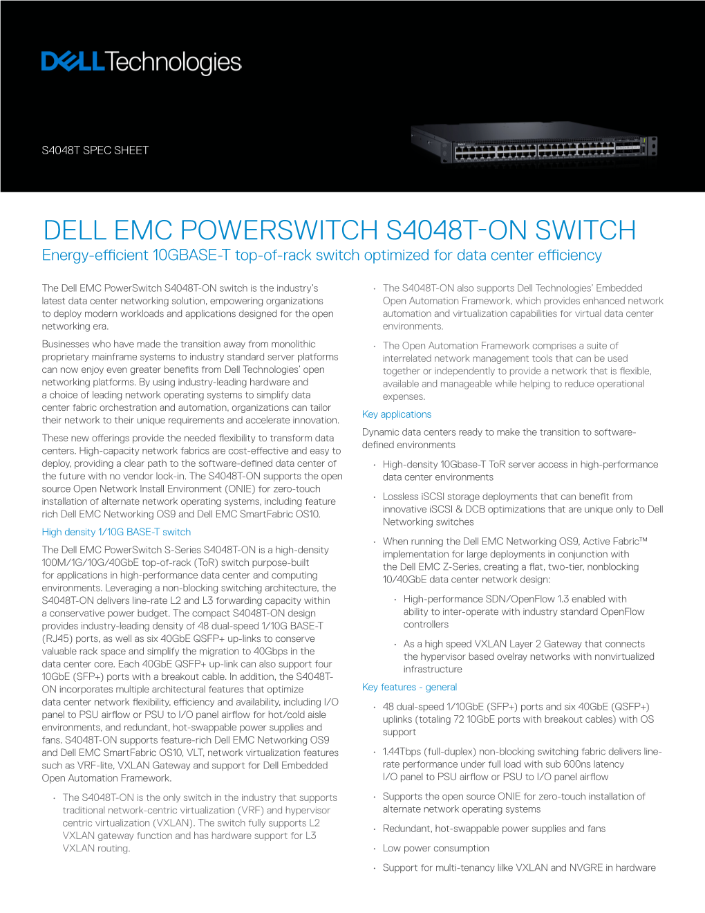 Dell EMC Powerswitch S4048T-ON Spec Sheet