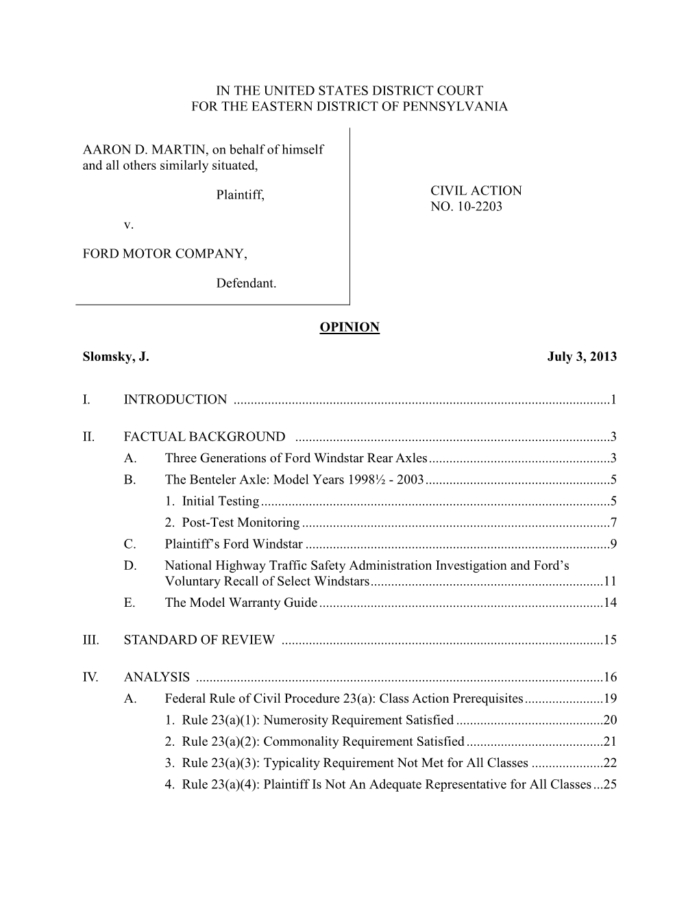 IN the UNITED STATES DISTRICT COURT for the EASTERN DISTRICT of PENNSYLVANIA AARON D. MARTIN, on Behalf of Himself and All Other