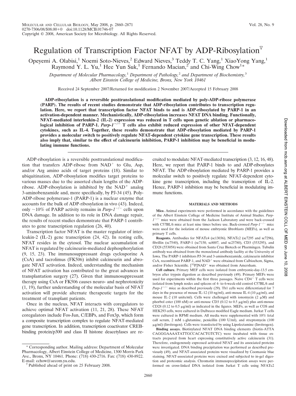 Regulation of Transcription Factor NFAT by ADP-Ribosylationᰔ Opeyemi A