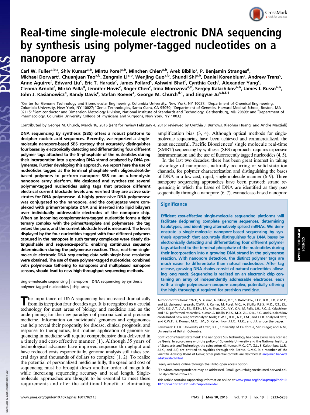 Real-Time Single-Molecule Electronic DNA Sequencing by Synthesis Using Polymer-Tagged Nucleotides on a Nanopore Array