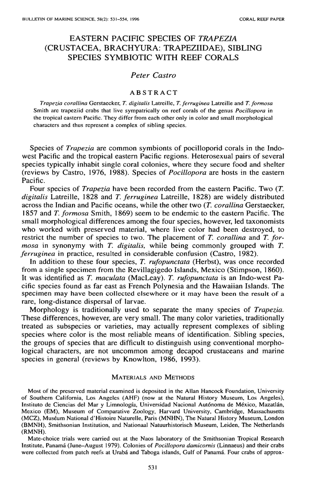 Eastern Pacific Species of <I>Trapezia</I> (Crustacea