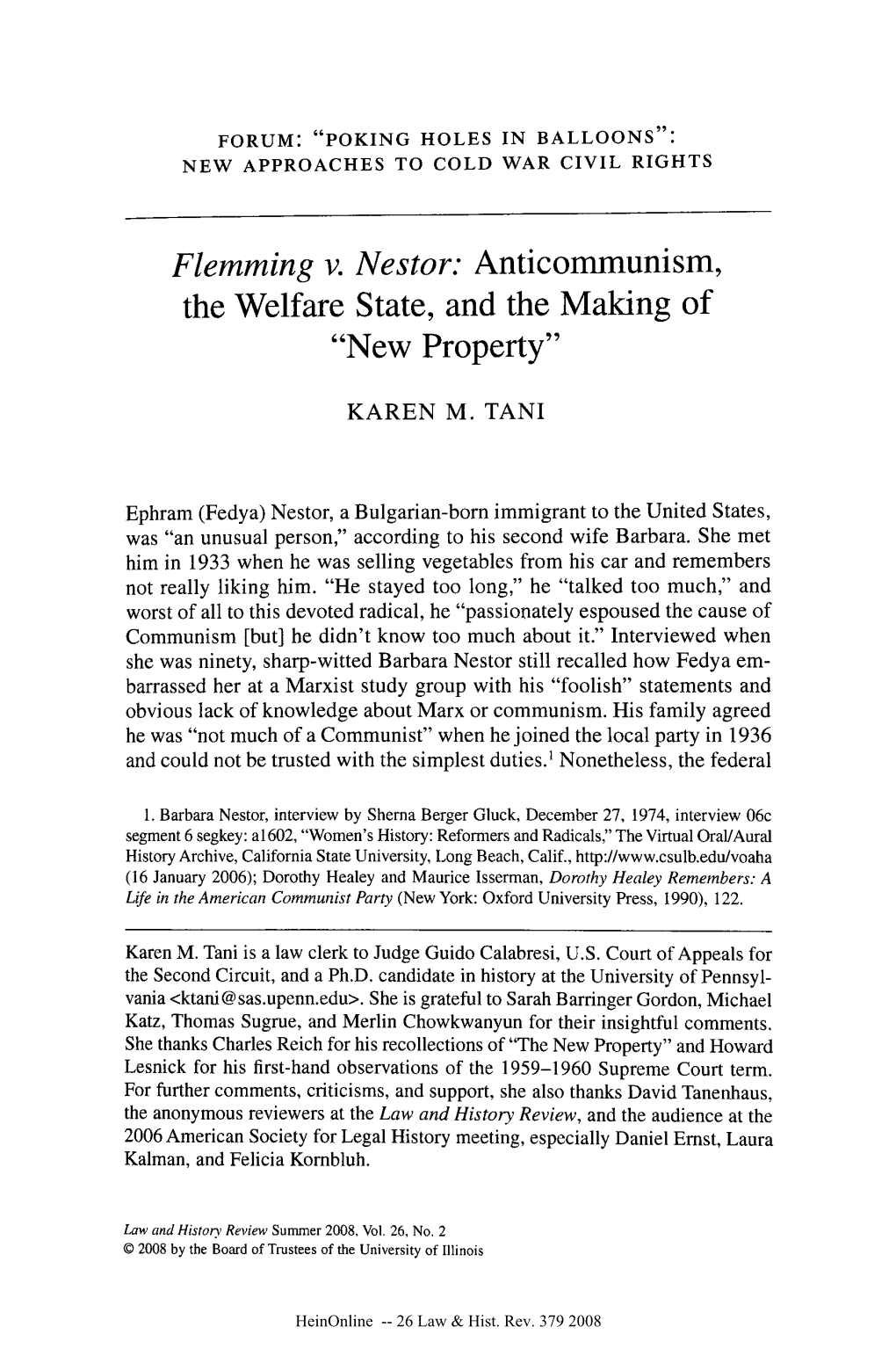 Flemming V. Nestor: Anticommunism, the Welfare State, and the Making of "New Property"