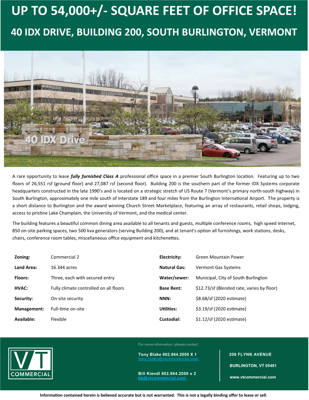 Up to 54,000+/- Square Feet of Office Space! 40 Idx Drive, Building 200, South Burlington, Vermont
