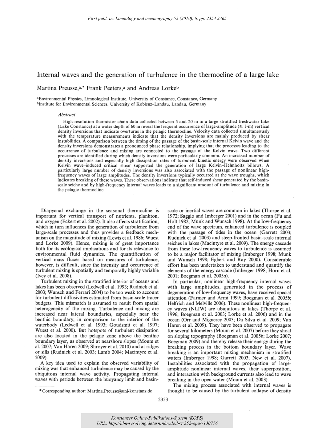 Internal Waves and the Generation of Turbulence in the Thermocline of a Large Lake