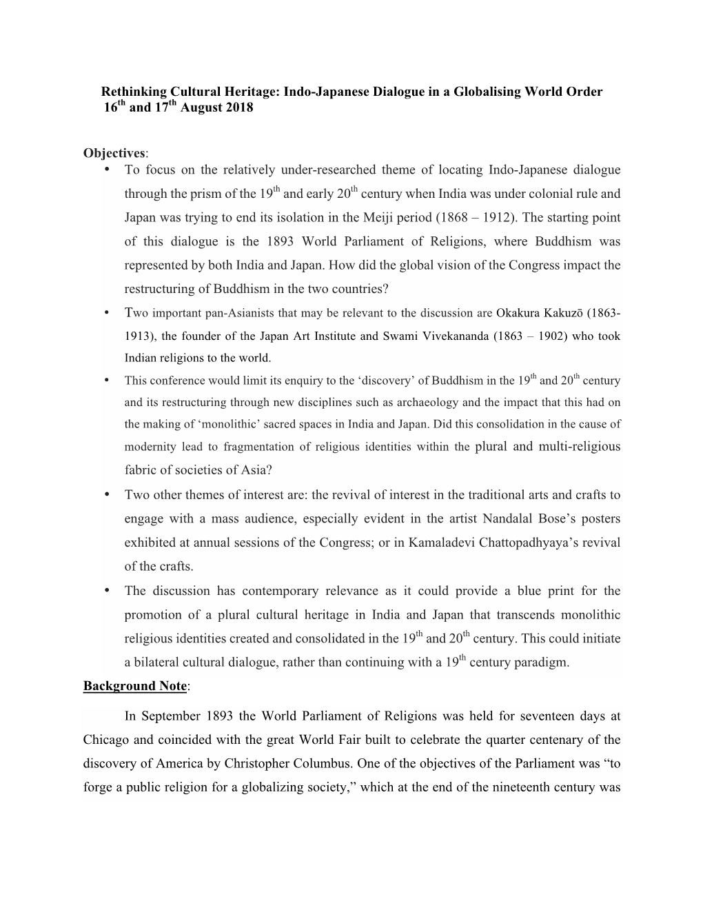 Rethinking Cultural Heritage: Indo-Japanese Dialogue in a Globalising World Order 16Th and 17Th August 2018