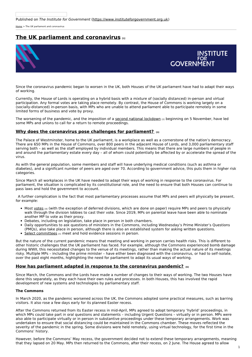 The UK Parliament and Coronavirus