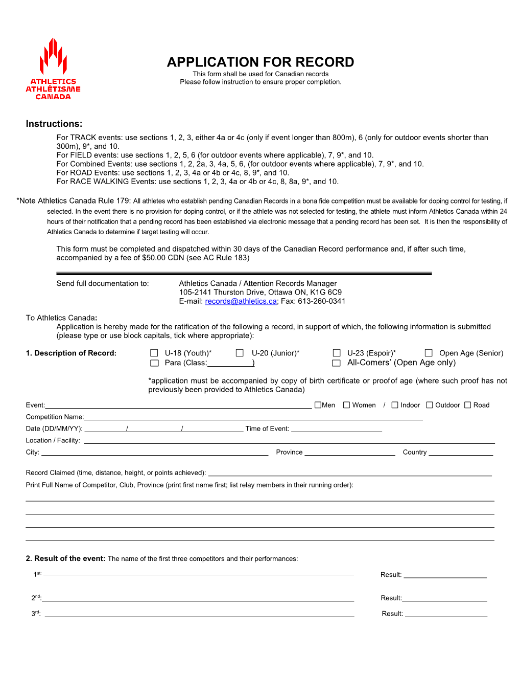 APPLICATION for RECORD This Form Shall Be Used for Canadian Records Please Follow Instruction to Ensure Proper Completion