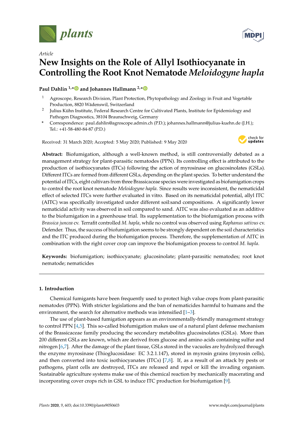 New Insights on the Role of Allyl Isothiocyanate in Controlling the Root Knot Nematode Meloidogyne Hapla