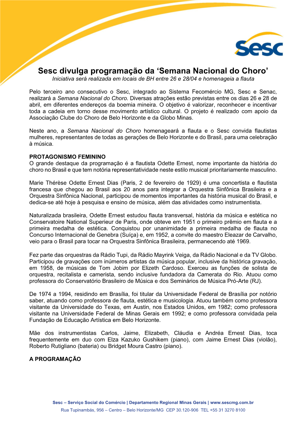 Sesc Divulga Programação Da 'Semana Nacional Do Choro'