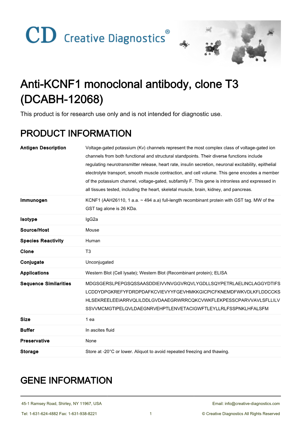 Anti-KCNF1 Monoclonal Antibody, Clone T3 (DCABH-12068) This Product Is for Research Use Only and Is Not Intended for Diagnostic Use