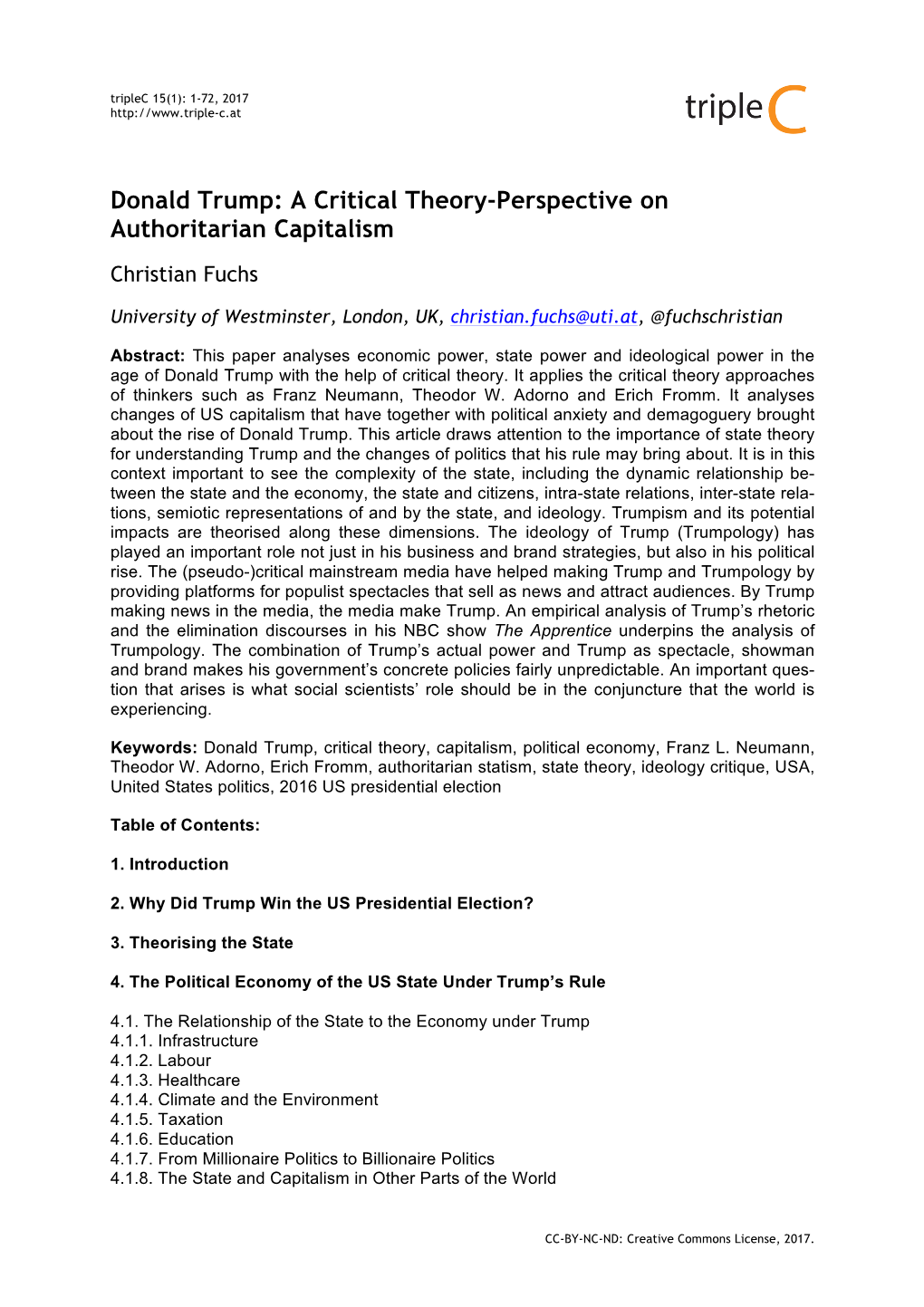 Donald Trump: a Critical Theory-Perspective on Authoritarian Capitalism