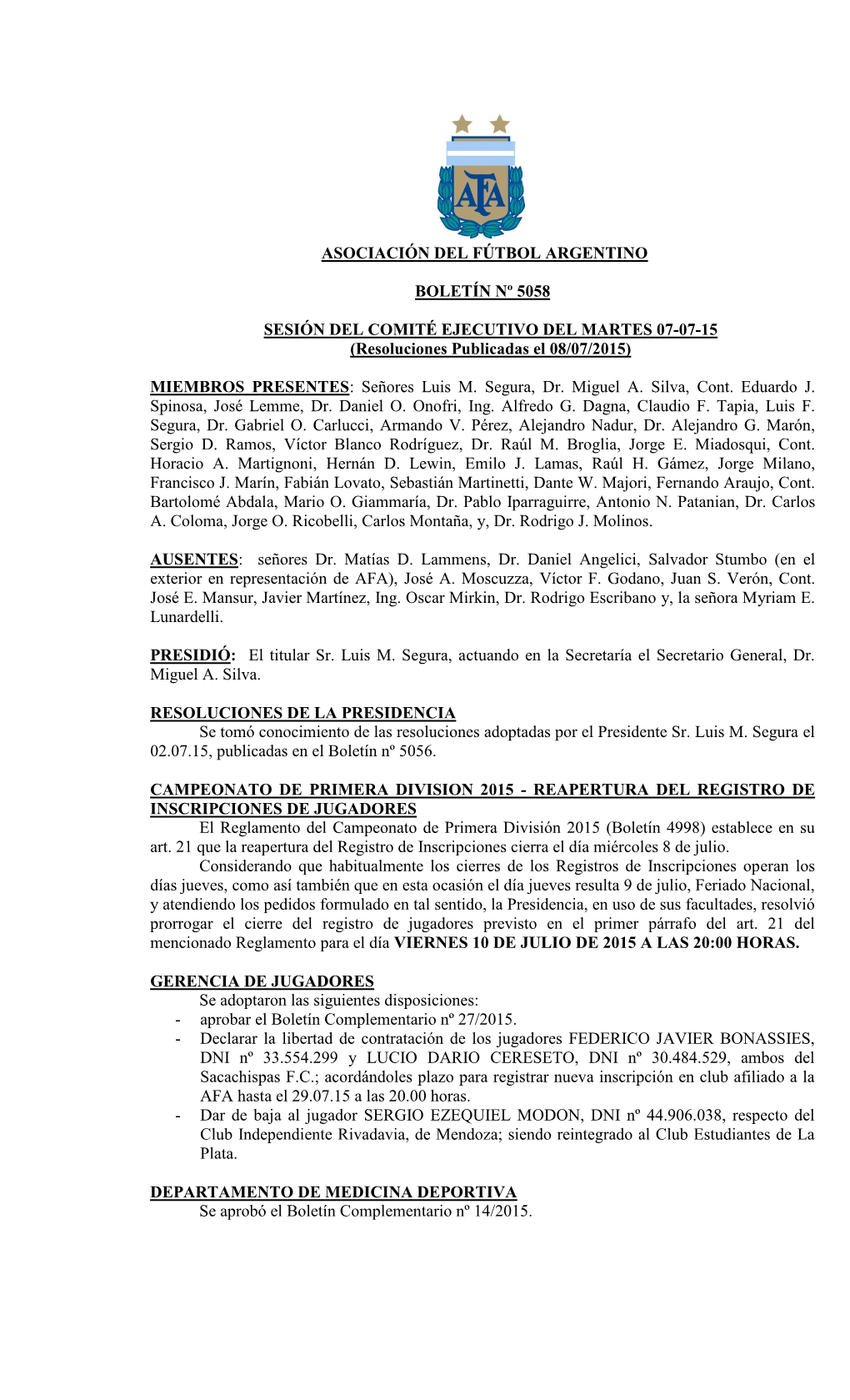 Asociación Del Fútbol Argentino Boletín Nº 5058