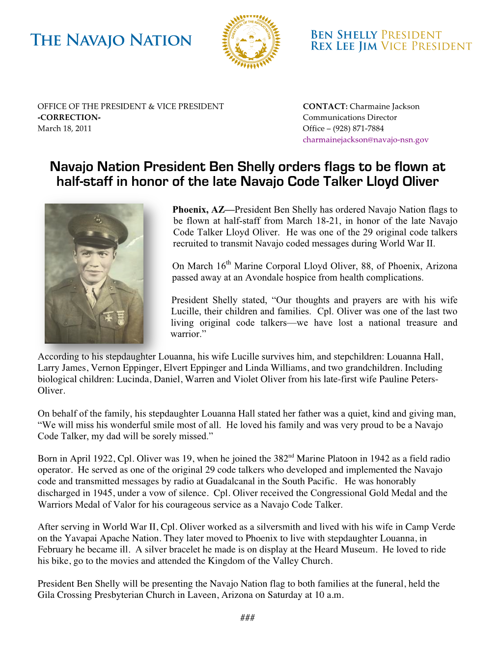 Navajo Nation President Ben Shelly Orders Flags to Be Flown at Half-Staff in Honor of the Late Navajo Code Talker Lloyd Oliver