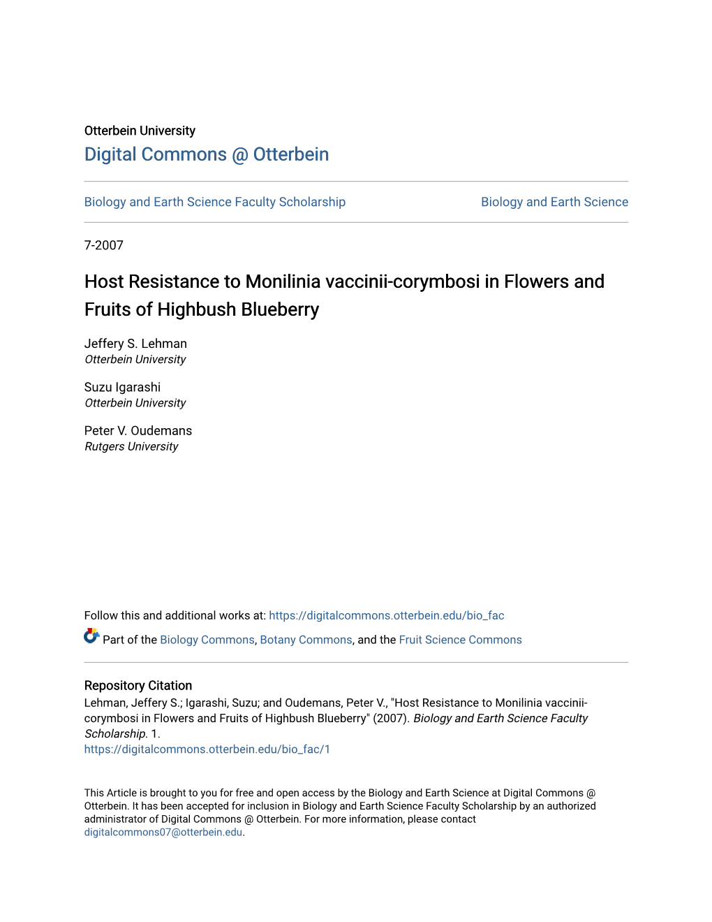 Host Resistance to Monilinia Vaccinii-Corymbosi in Flowers and Fruits of Highbush Blueberry