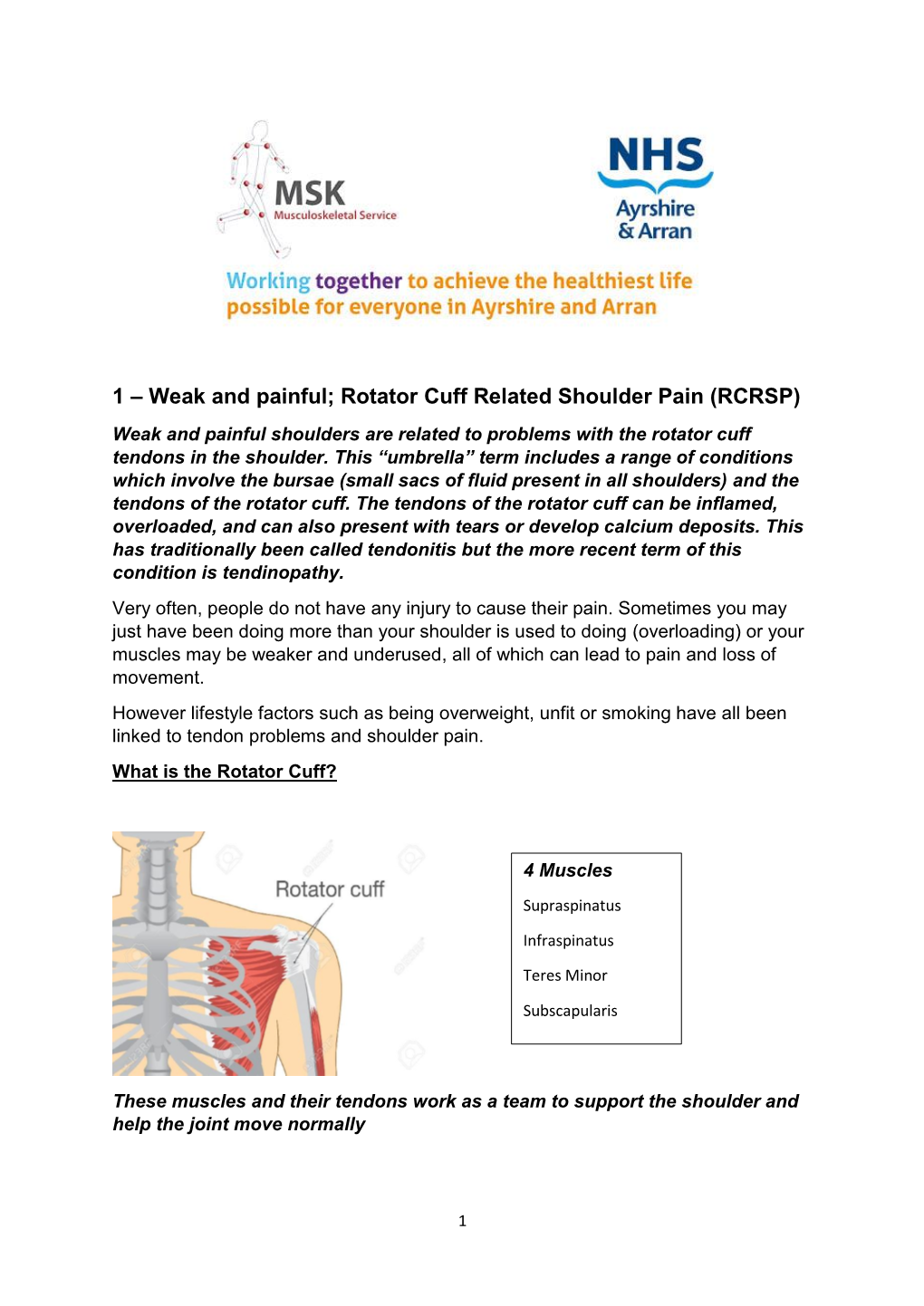 1 – Weak and Painful; Rotator Cuff Related Shoulder Pain (RCRSP) Weak and Painful Shoulders Are Related to Problems with the Rotator Cuff Tendons in the Shoulder