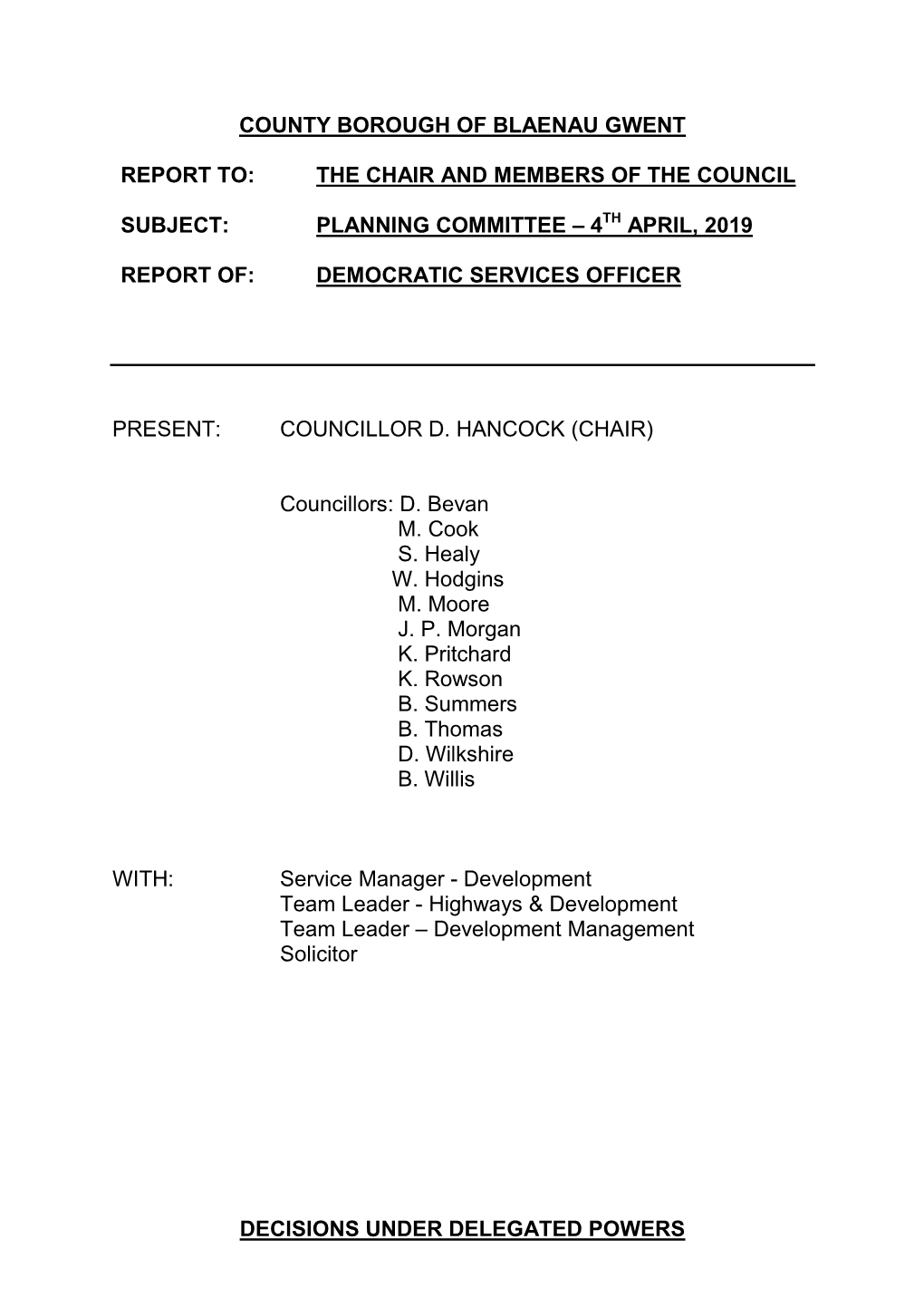 Planning Committee – 4Th April, 2019