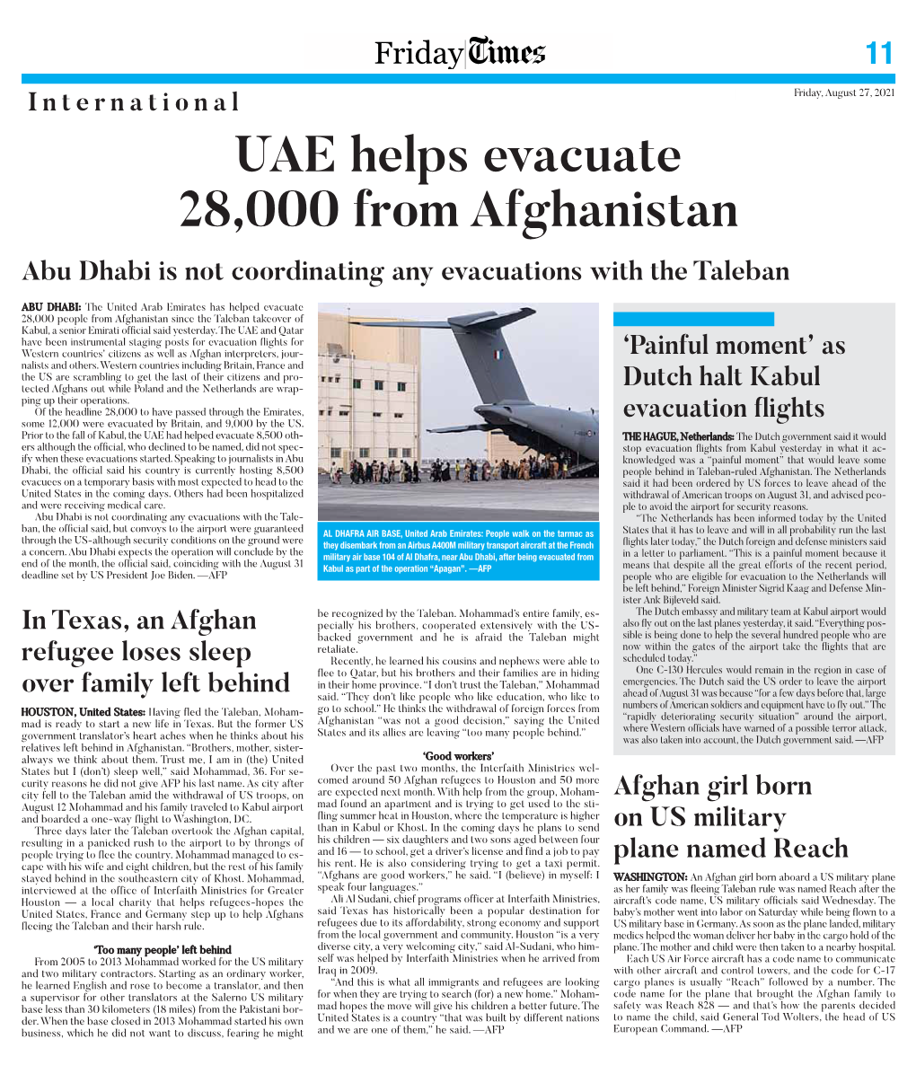 UAE Helps Evacuate 28,000 from Afghanistan Abu Dhabi Is Not Coordinating Any Evacuations with the Taleban